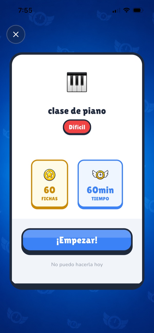 Detalle de la misión "clase de piano" con dificultad, 60 fichas y 60 minutos de tiempo