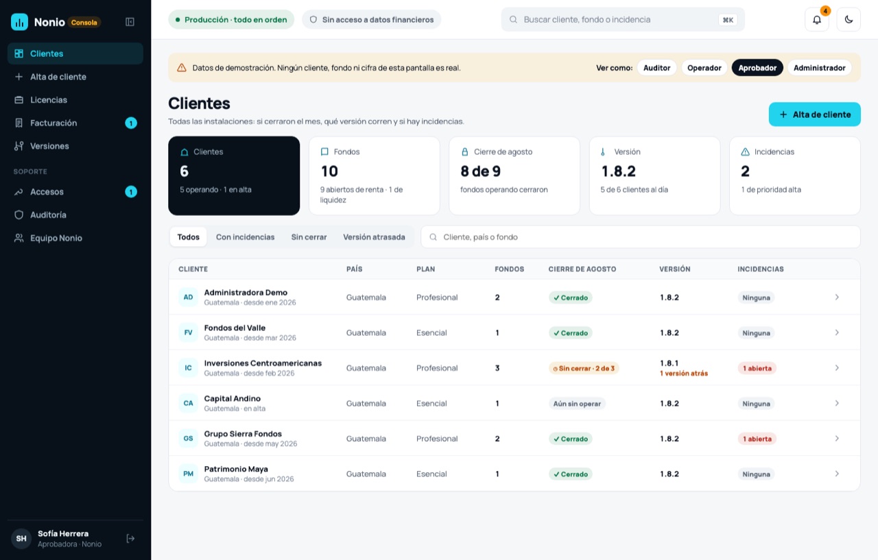 Consola de Nonio con la lista de clientes, el cierre del mes, la versión y las incidencias