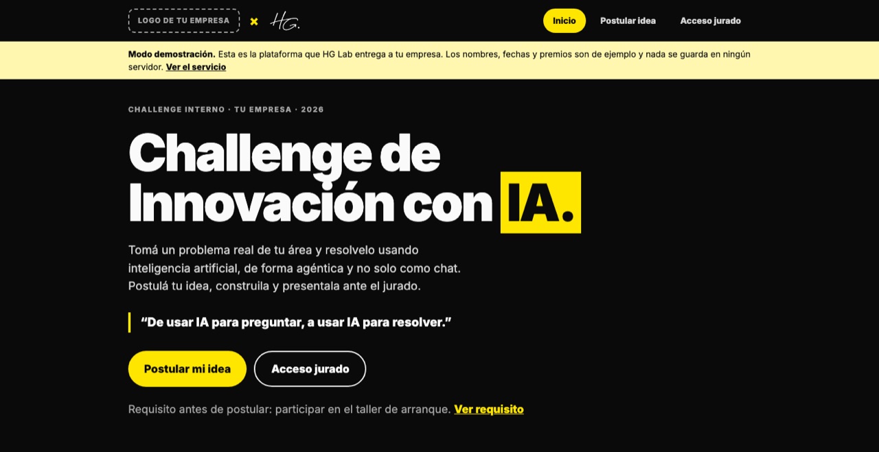 Portada de la plataforma del AI Challenge con el logo de la empresa junto al de HG Lab y las bases del challenge